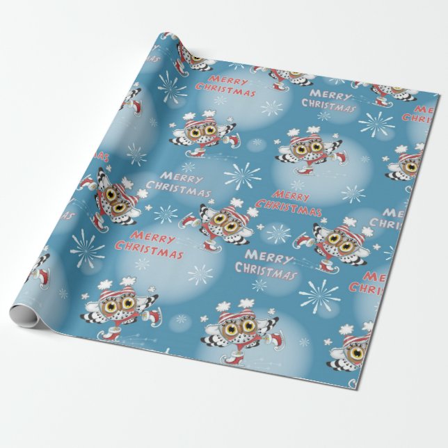 Owls Ice Skating Christmas Pattern Wrapping Paper (Unrolled)