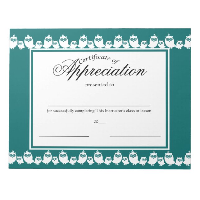 Owls in a Line Certificates of Appreciation Notepad (Front)