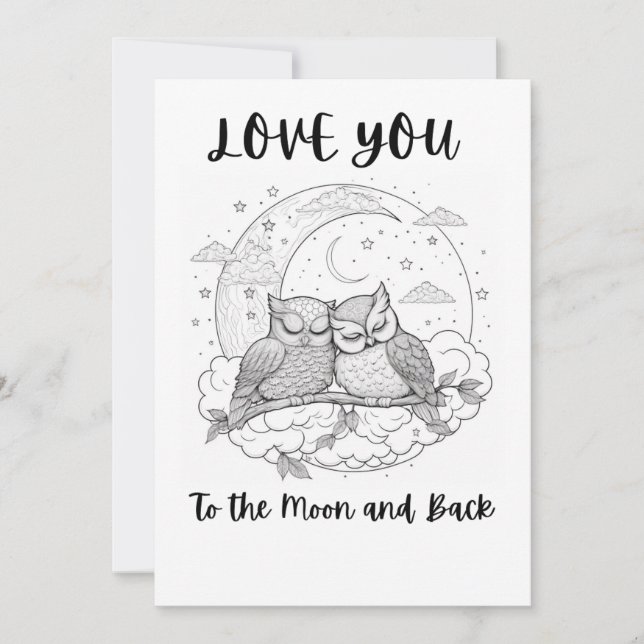 Owls in Love Colouring Page Valentine Day Hearts Holiday Card (Front)