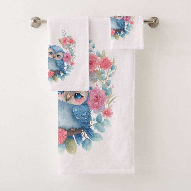 Owls in Love Sitting on a Tree Branch Bath Towel Set (Insitu)