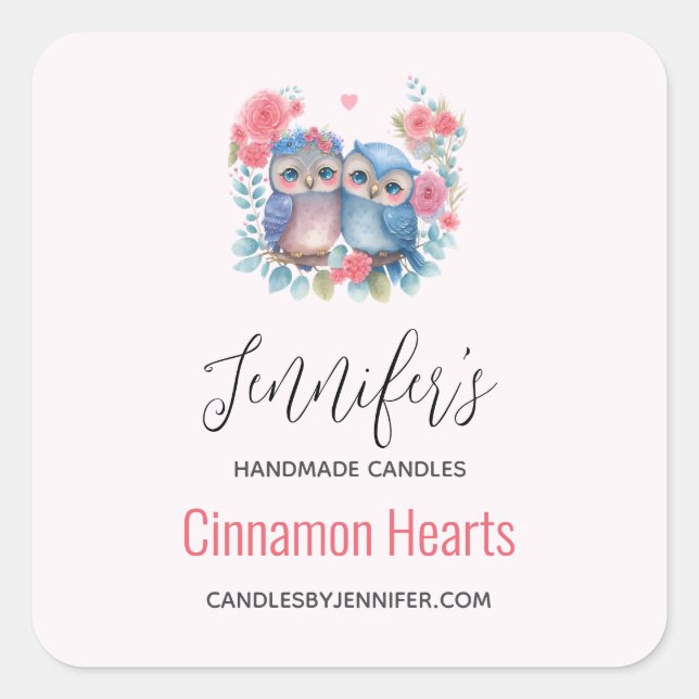 Owls in Love Sitting on a Tree Branch Candle Biz Square Sticker (Front)