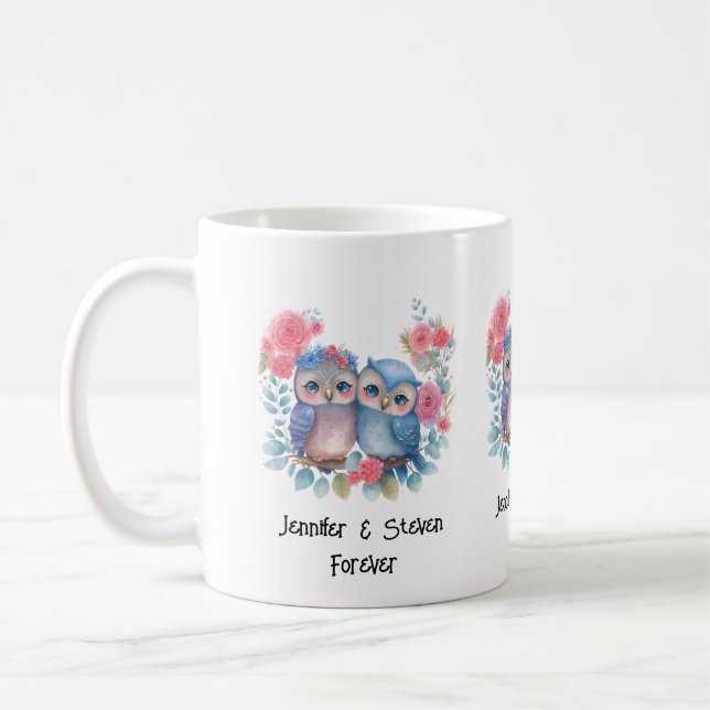 Owls in Love Sitting on a Tree Branch Coffee Mug (Left)