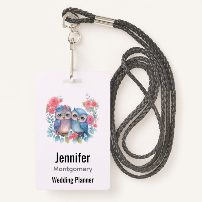 Owls in Love Sitting on a Tree Branch ID Badge (Front with Lanyard)