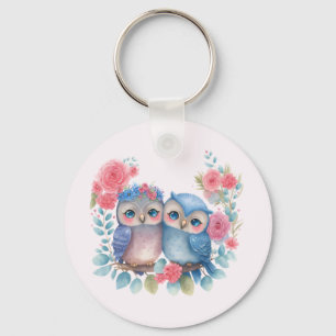 Owls in Love Sitting on a Tree Branch Key Ring