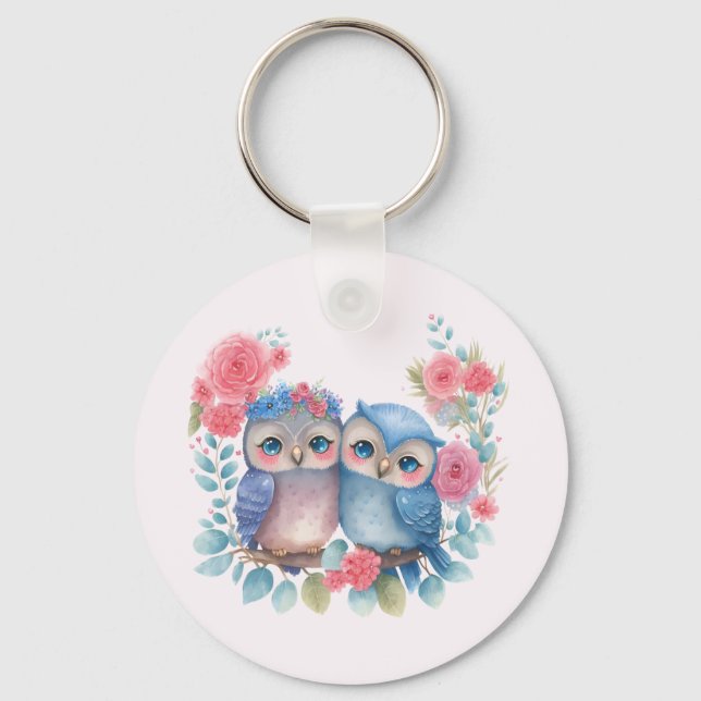 Owls in Love Sitting on a Tree Branch Key Ring (Front)