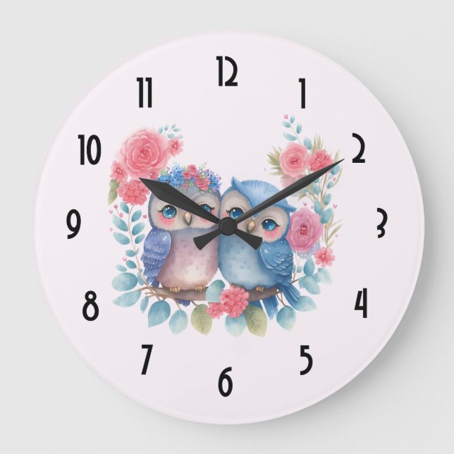 Owls in Love Sitting on a Tree Branch Large Clock (Front)