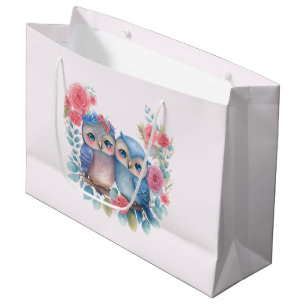 Owls in Love Sitting on a Tree Branch Large Gift Bag