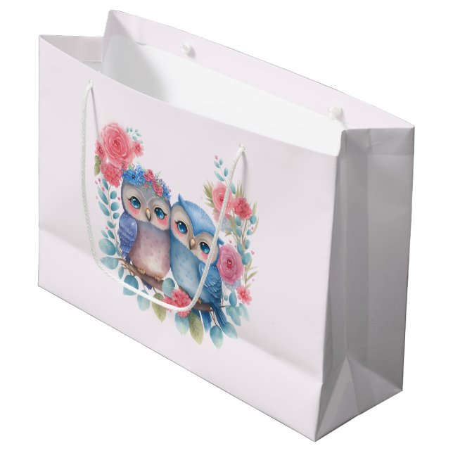 Owls in Love Sitting on a Tree Branch Large Gift Bag (Front Angled)