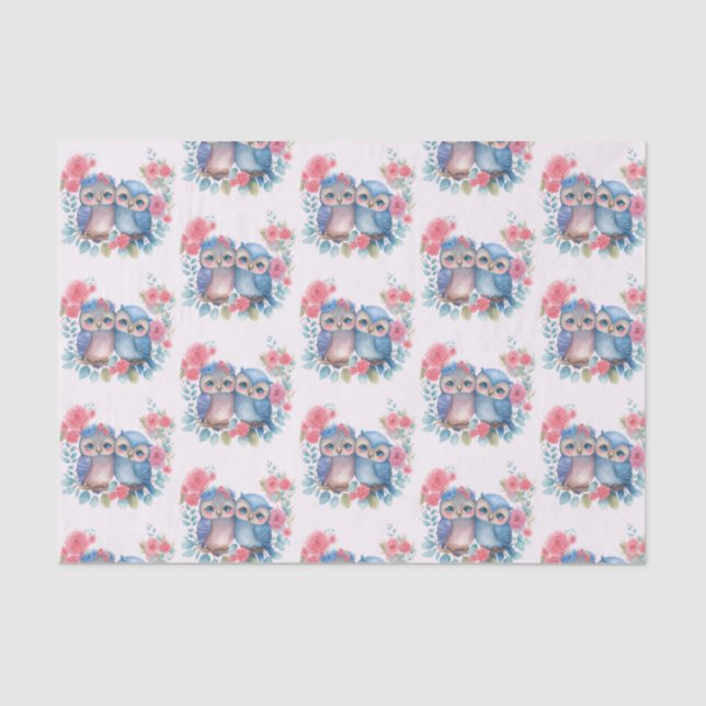 Owls in Love Sitting on a Tree Branch Patterned Tissue Paper (Front)