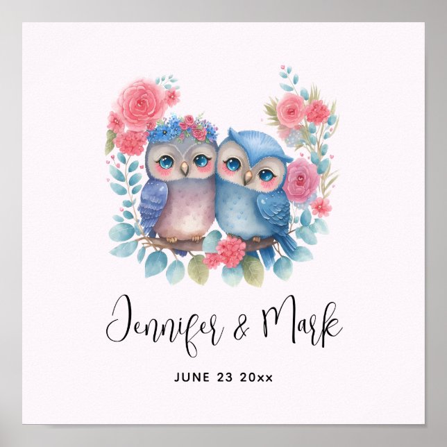 Owls in Love Sitting on a Tree Branch Poster (Front)