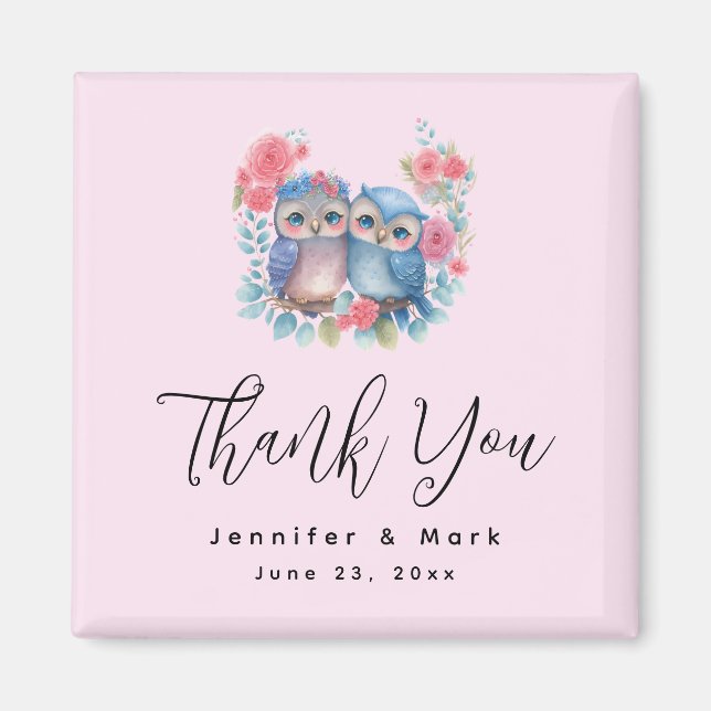 Owls in Love Sitting on a Tree Branch Thank You Magnet (Front)