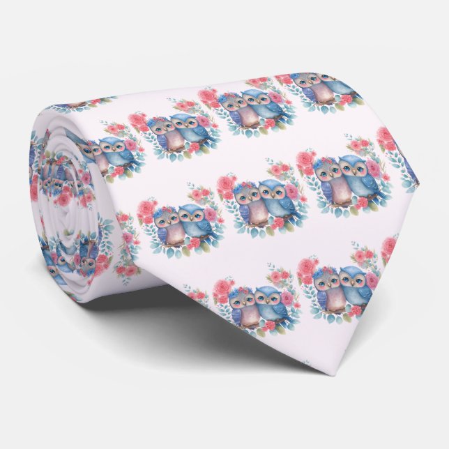 Owls in Love Sitting on a Tree Branch Tie (Rolled)