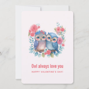Owls in Love Sitting on a Tree Branch Valentine's Holiday Card