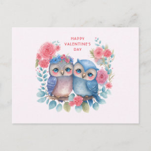 Owls in Love Sitting on a Tree Branch Valentine's Holiday Postcard