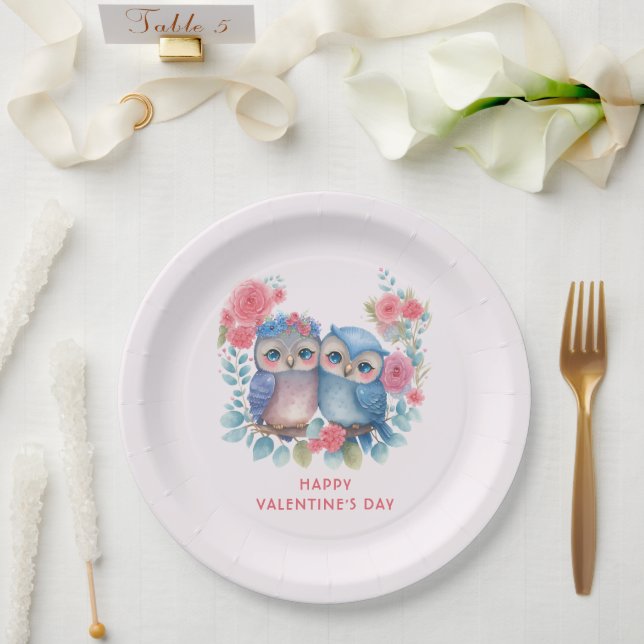 Owls in Love Sitting on a Tree Branch Valentine's Paper Plate (Wedding)