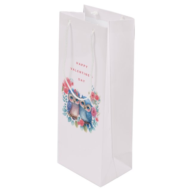 Owls in Love Sitting on a Tree Branch Valentine's Wine Gift Bag (Front Angled)