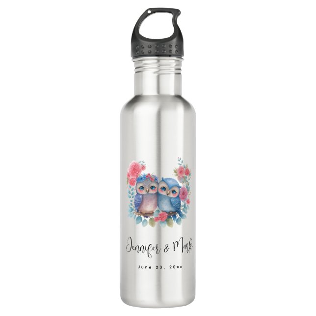 Owls in Love Sitting on a Tree Branch Wedding 710 Ml Water Bottle (Front)