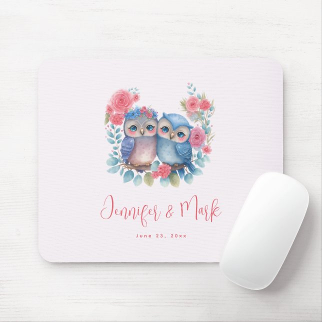 Owls in Love Sitting on a Tree Branch Wedding Mouse Mat (With Mouse)