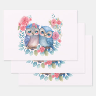 Owls in Love Sitting on a Tree Branch Wrapping Paper Sheet
