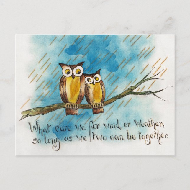 Owls in Rainy Storm Raining Weather Blue Wind Poem Postcard (Front)
