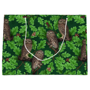 Owls in the forest on dark green large gift bag
