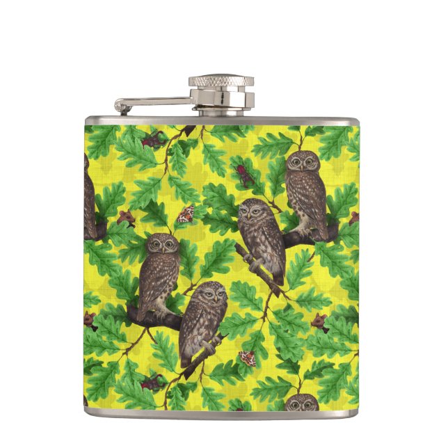 Owls in the Forest on lemon yellow Hip Flask (Front)