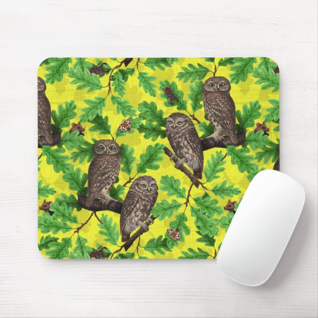Owls in the Forest on lemon yellow Mouse Mat (With Mouse)