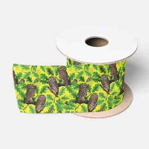 Owls in the Forest on lemon yellow Satin Ribbon