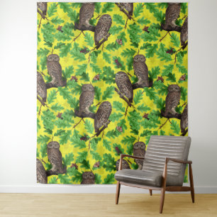 Owls in the Forest on lemon yellow Tapestry