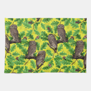 Owls in the Forest on lemon yellow Tea Towel