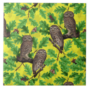 Owls in the Forest on lemon yellow Tile