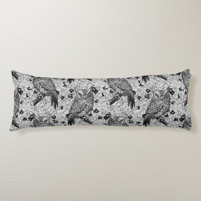 Owls in the oak tree, black and white body cushion (Front)