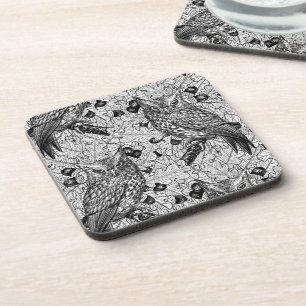 Owls in the oak tree, black and white coaster