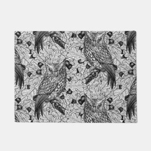 Owls in the oak tree, black and white doormat