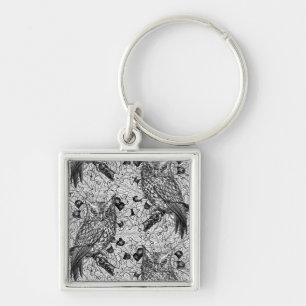 Owls in the oak tree, black and white key ring