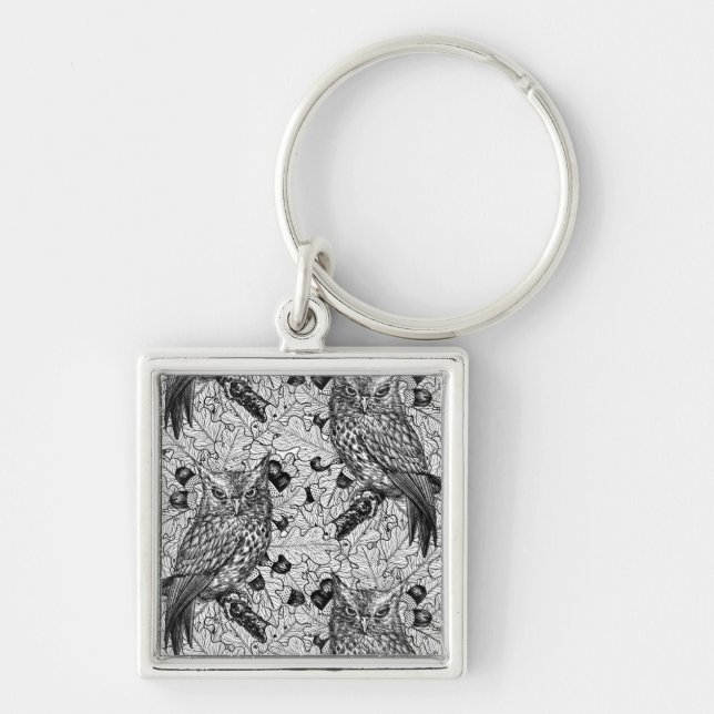 Owls in the oak tree, black and white key ring (Front)