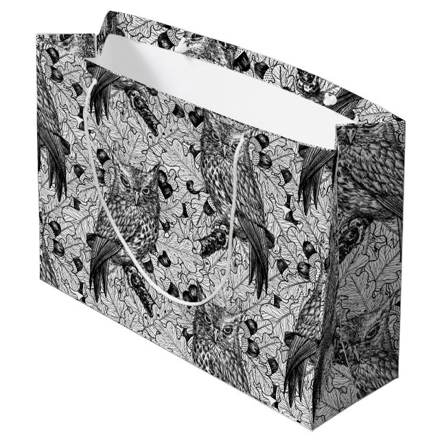 Owls in the oak tree, black and white large gift bag (Back Angled)