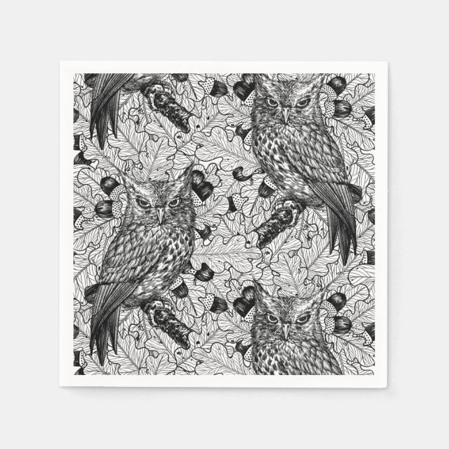 Owls in the oak tree, black and white napkin (Front)