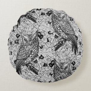 Owls in the oak tree, black and white round cushion