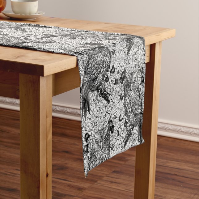 Owls in the oak tree, black and white short table runner (In Situ)