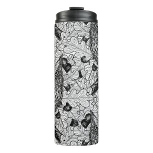 Owls in the oak tree, black and white thermal tumbler
