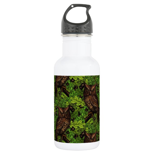 Owls in the oak tree, green and brown 532 ml water bottle (Front)