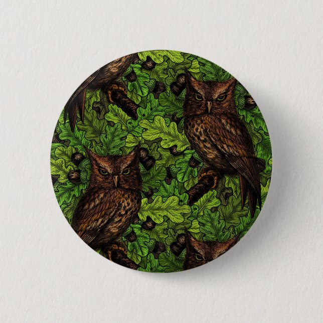 Owls in the oak tree, green and brown 6 cm round badge (Front)