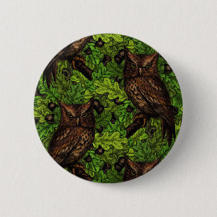 Owls in the oak tree, green and brown 6 cm round badge