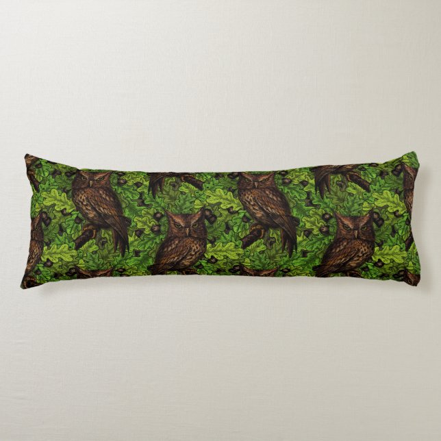Owls in the oak tree, green and brown body cushion (Front)