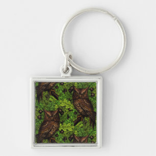 Owls in the oak tree, green and brown key ring