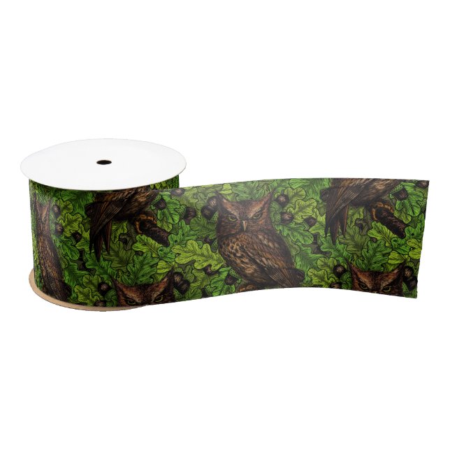 Owls in the oak tree, green and brown satin ribbon (Spool)