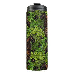 Owls in the oak tree, green and brown thermal tumbler