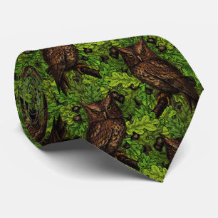 Owls in the oak tree, green and brown tie