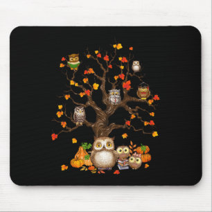 Owls Leaves Tree Fall Autumn Pumpkin Halloween Owl Mouse Mat